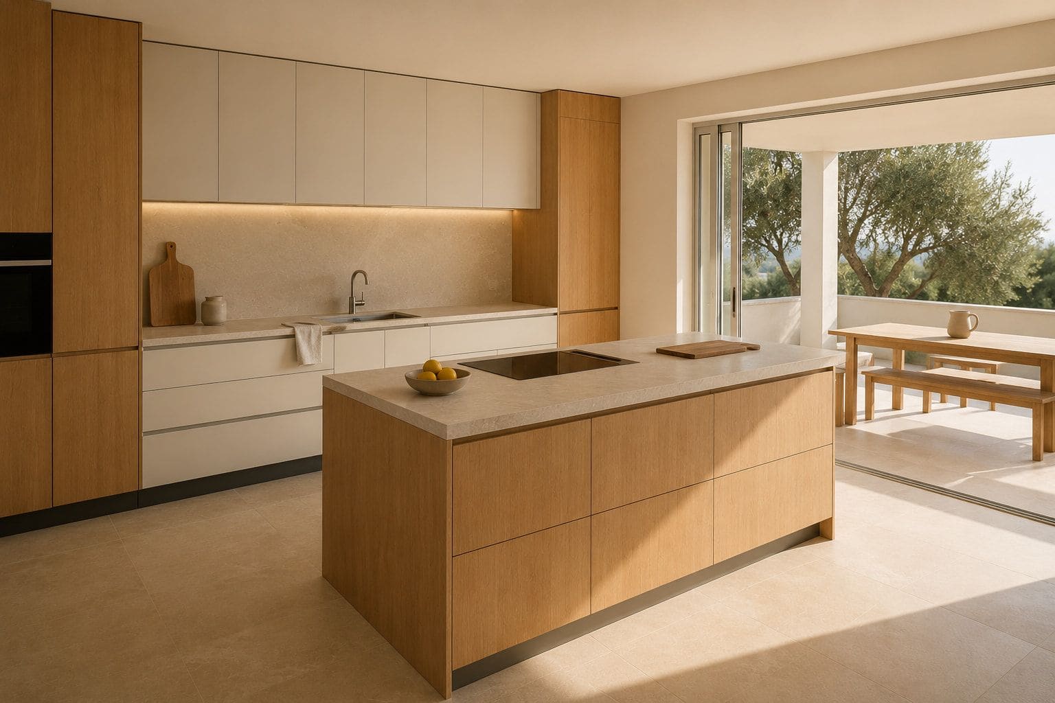 Cozinha com ilha central em moradia em Vilamoura, com colunas em madeira e ligação ao terraço